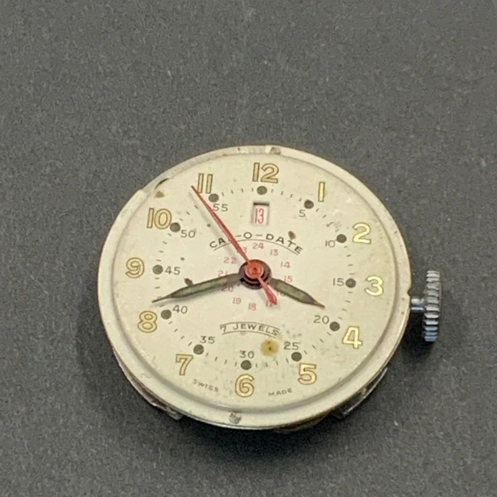 Vintage Cal-O-Date Swiss 7 Jewels Manual Wind Watch Head for Parts or Repair